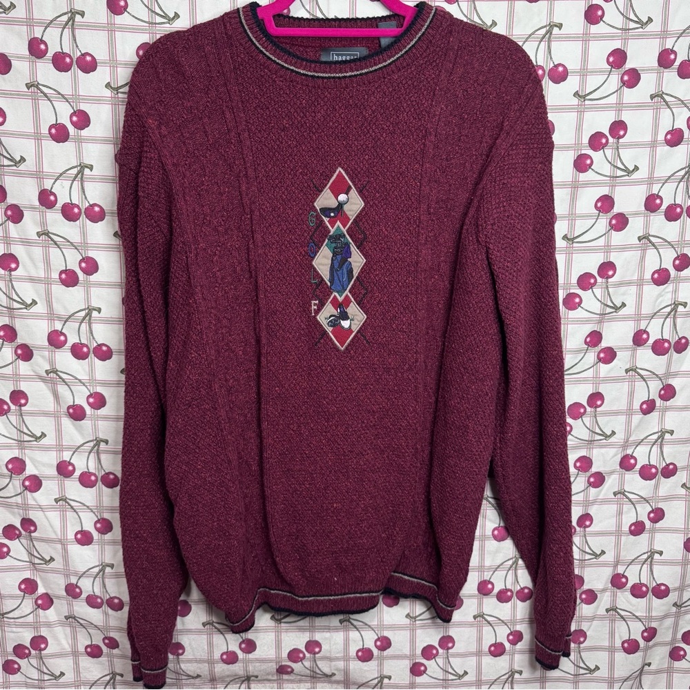 Men’s Vintage Haggar Tour Maroon Preppy Crewneck Sweater with Argyle Golf Design